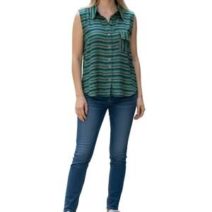 Mine Brand Women’s Sleeveless Blouse Green & Blue Striped Button Front – Size L